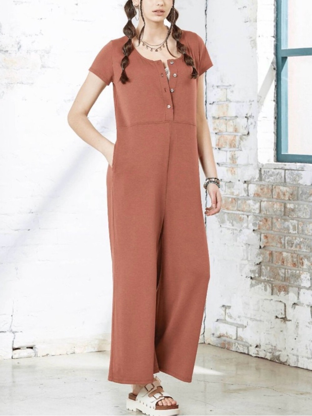 Romper French Terry Wide Leg Short Sleeve Pockets Jumpsuit Rust NEW Butter